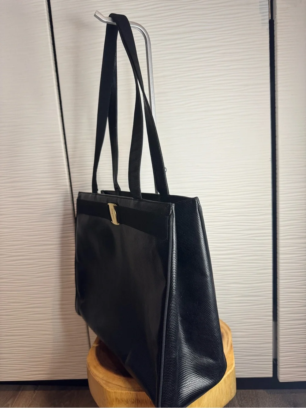 Vintage 1990s Salvatore Ferragamo Black leather Textured Tote with Gold Bow